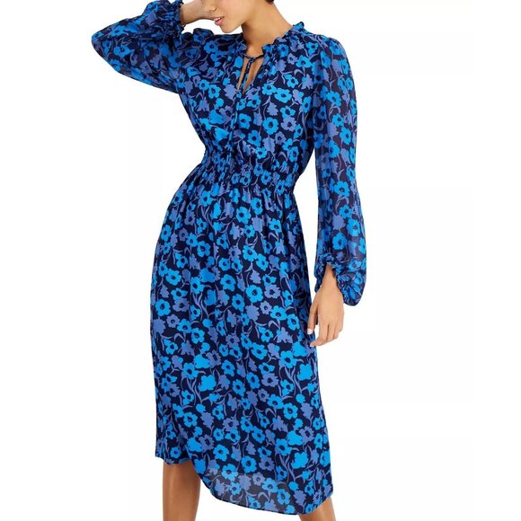 ANNE KLEIN Printed Chiffon Smocked Midi Dress - Medium - Picture 1 of 4